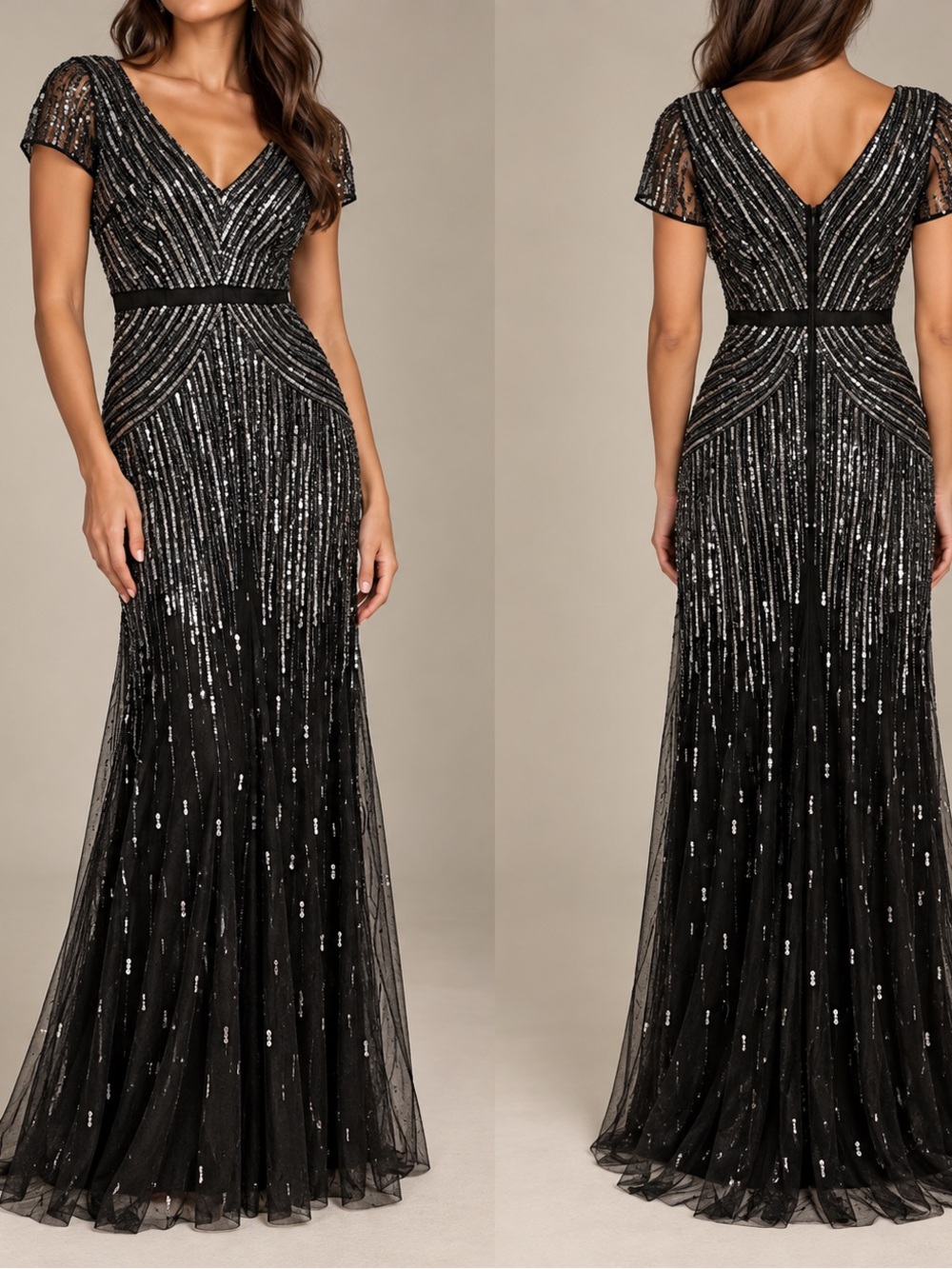 Adrianna Papell Sequin Evening Gown – Size 12 Black and Silver